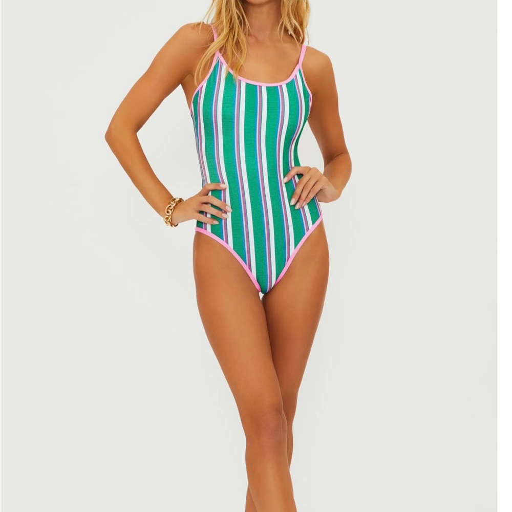 Beach Riot Naomi Green and Pink Striped One Piece in Jelly Bean color size L